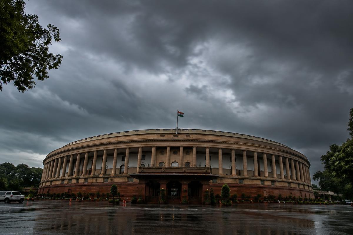 Parliament House in New Delhi under monsoon clouds