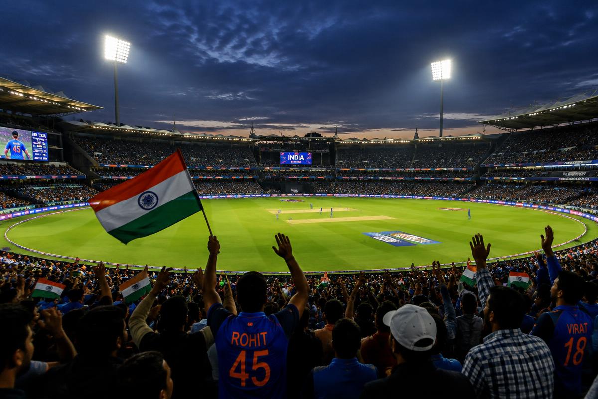 Packed cricket stadium during an evening match in India